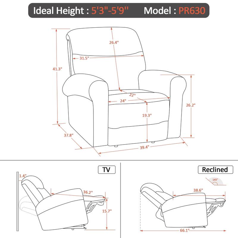 MCombo Power Wall Hugger Recliner Chair for Small Space RV , USB & USB-C Charging Ports, Modern Roll Arm Recliner, Fabric PR630