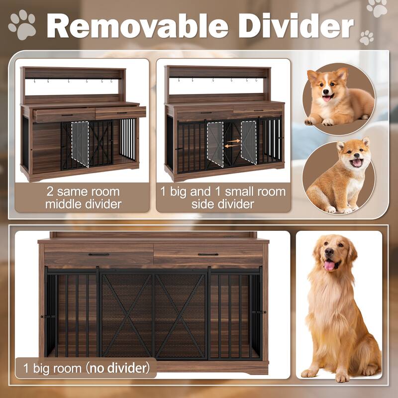 55.1" Dog Crate Furniture, Dog Cage Table with 2 Storage Drawers and Shelves, TV Stand Side End Table
