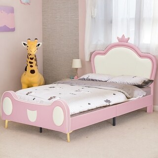Princess Twin Bed with Crown Headboard, Upholstered Frame, Storage Pocket, Pink