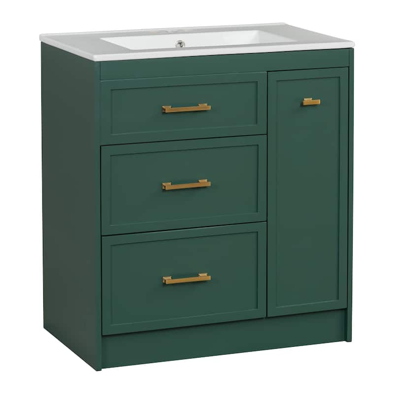 GDFStudio - Hera Classic 30" Black Bathroom Vanity Set - Floor Standing, 3 Drawers with Double-Layer & Gold Handles