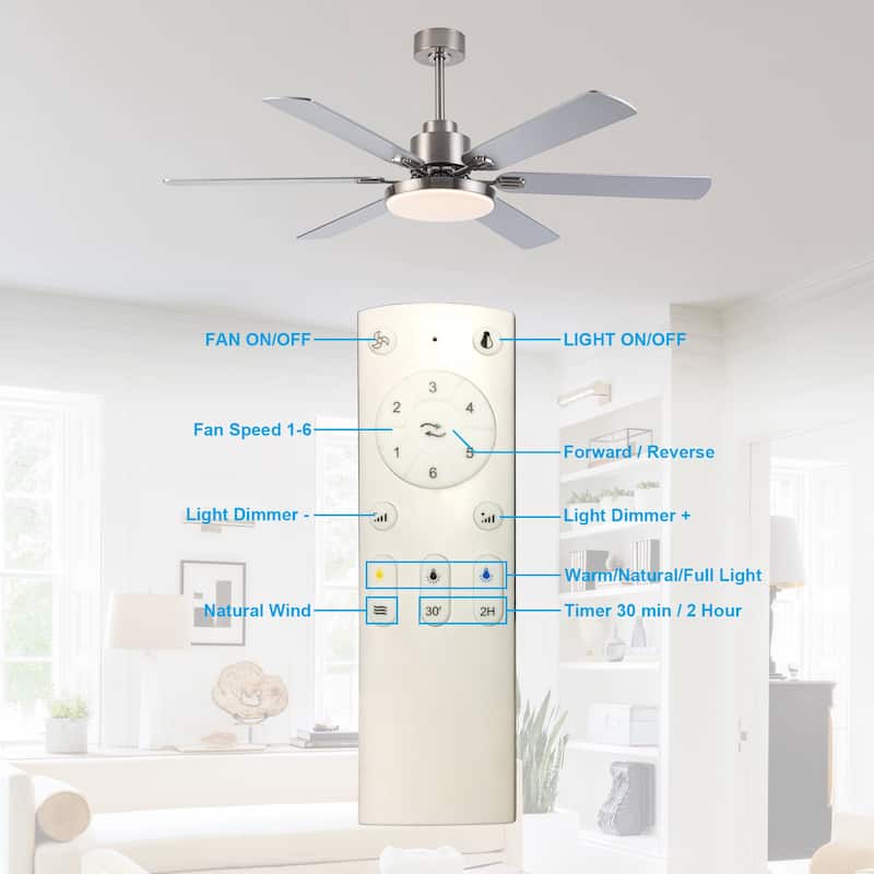 60-inch Modern Brushed Nickel 6-Blade LED Ceiling Fan with Light and Remote