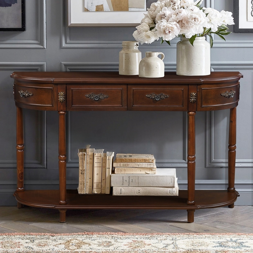 Circular Half Moon Sofa Table with Open Shelf and 2 Drawers