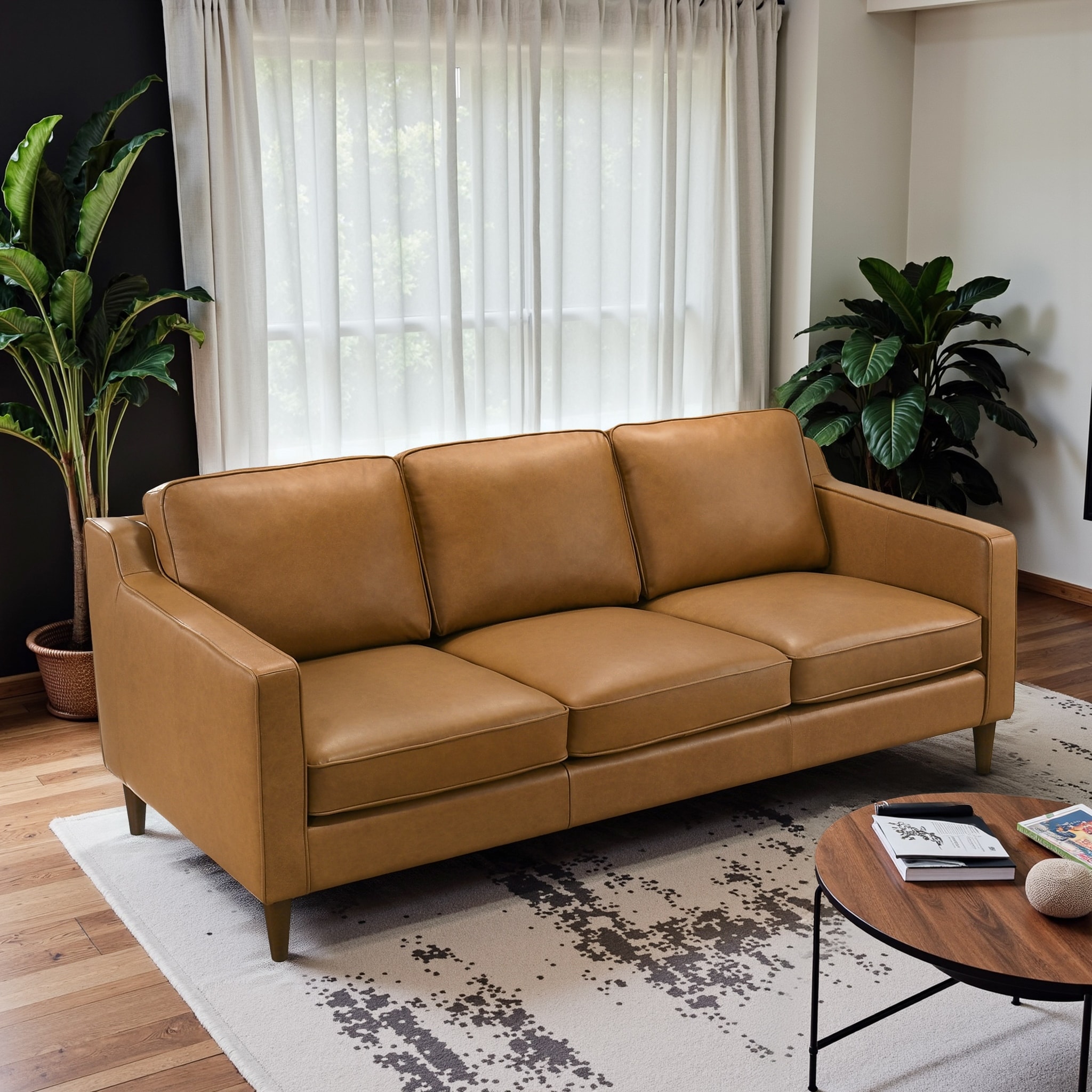 Madeline Mid Century Modern Furniture Genuine Leather Couches in Cognac Tan