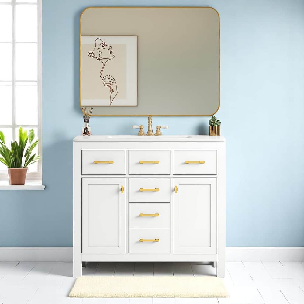 Freestanding 36'' Single Sink Bathroom Vanity with 2 Cabinets & 4 Drawers, Ceramic Top, Modern Shaker Style
