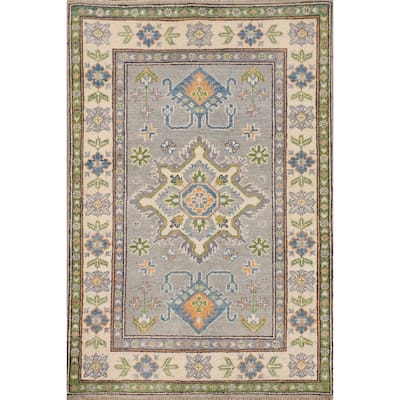 Gray Geometric Kazak Oriental Accent Rug Handmade Foyer Wool Carpet - 2'8" x 4'1"