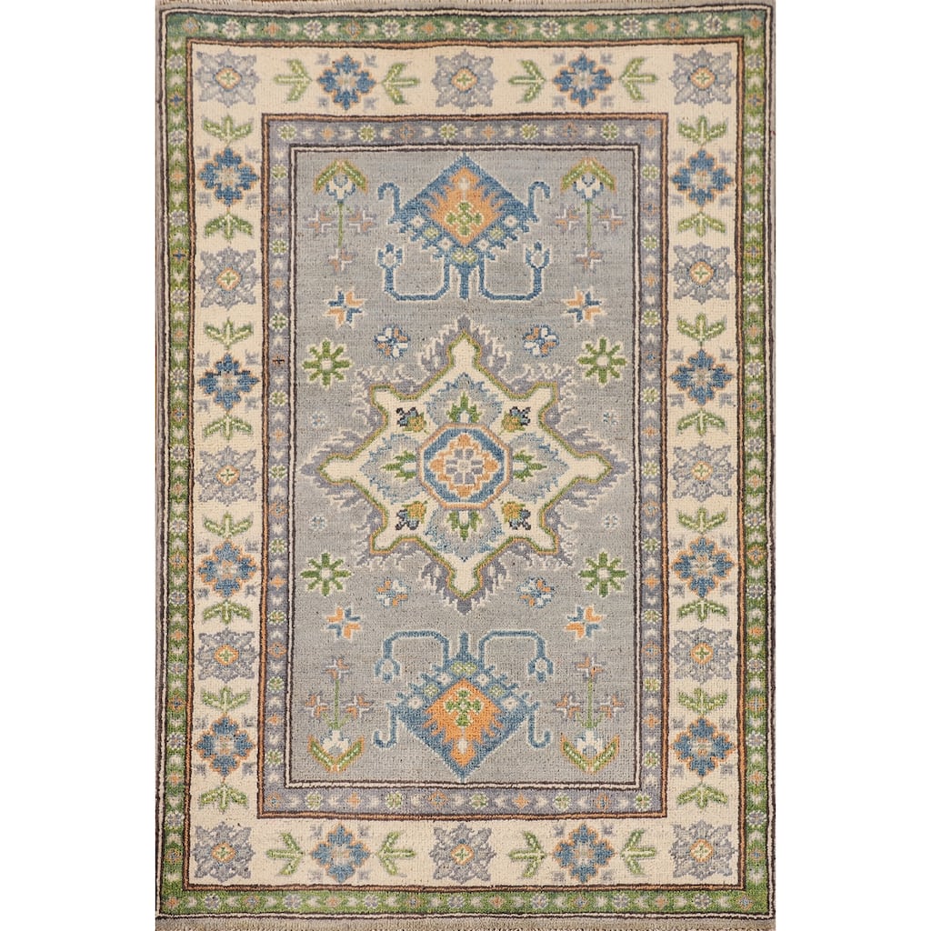 Gray Geometric Kazak Oriental Accent Rug Handmade Foyer Wool Carpet - 2'8" x 4'1"