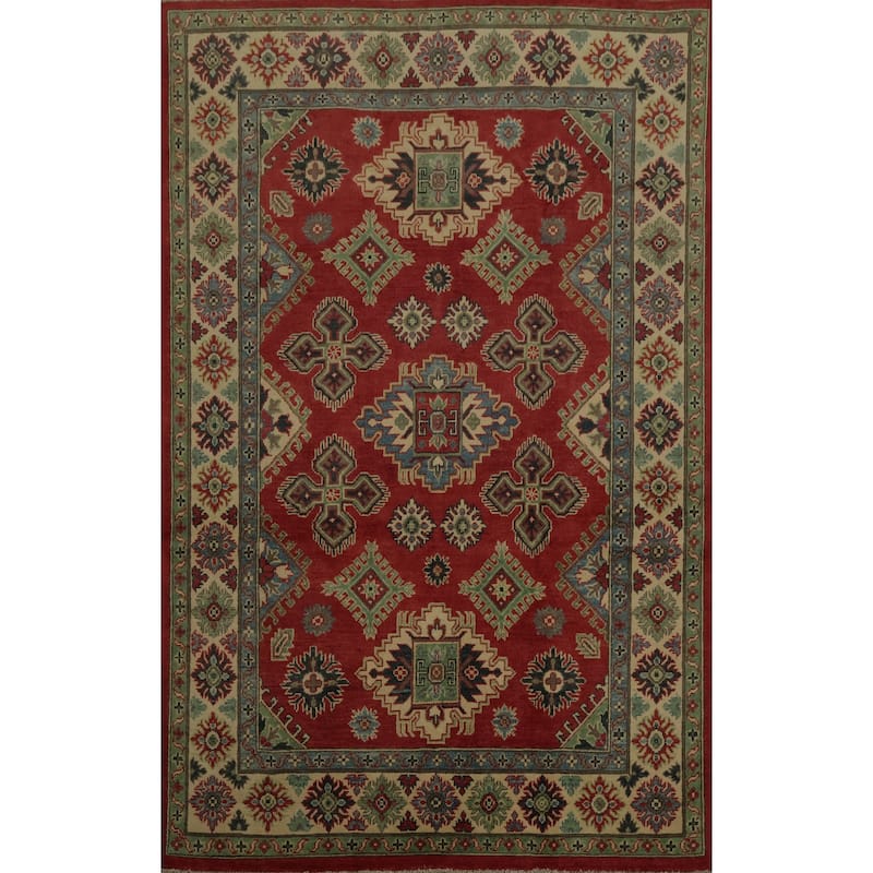 Hand Knotted Oriental 100% Wool Carpet Traditional Geometric Red Kazak Area Rug - 6' 11'' X 5' 2''