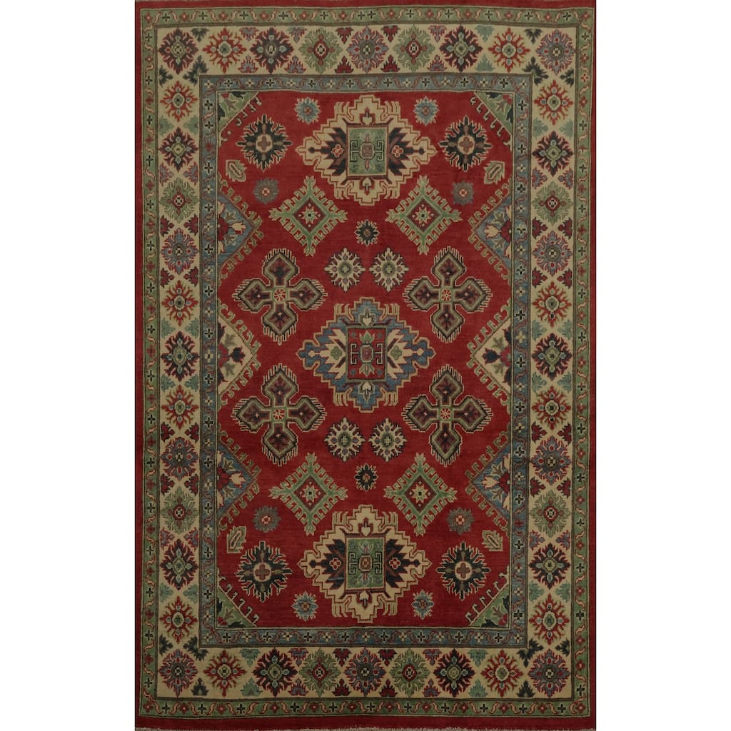 Hand Knotted Oriental 100% Wool Carpet Traditional Geometric Red Kazak Area Rug - 6' 11'' X 5' 2''