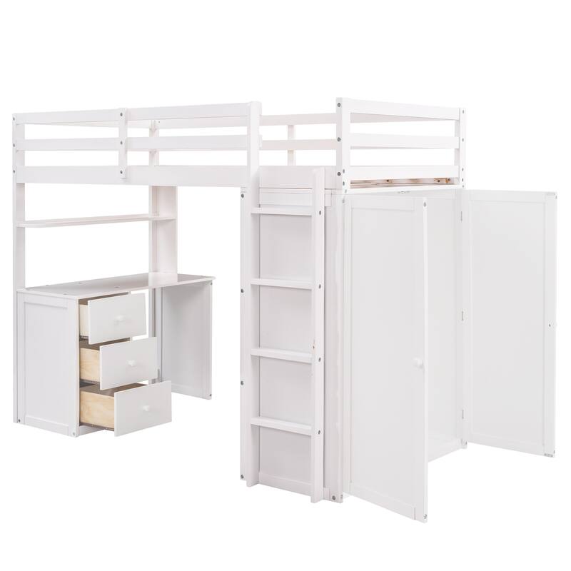 Space-Saving Twin Loft Bed with Desk, Wardrobe & Drawers in White