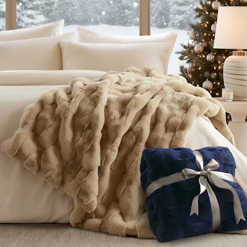 Madison Park Camille Faux Fur Throw - Tan