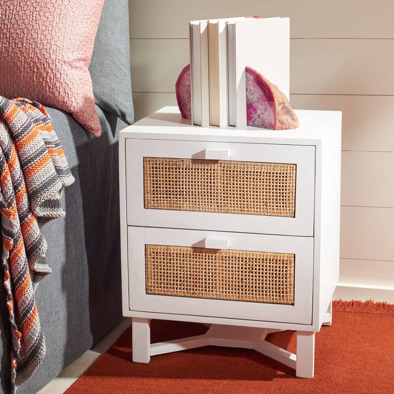 SAFAVIEH Dayana 2-Drawer Rattan Accent Table Nightstand - White/Natural