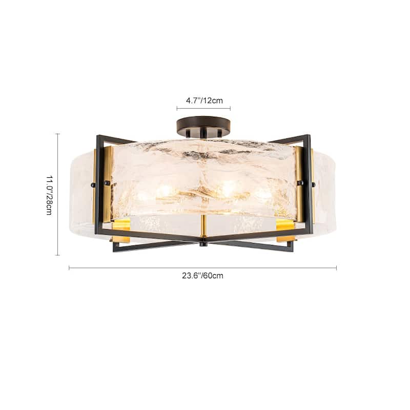 Modern Entryway 6-Light Glazed Glass Drum Semi-flush Mount - Black & Gold - 23.6in