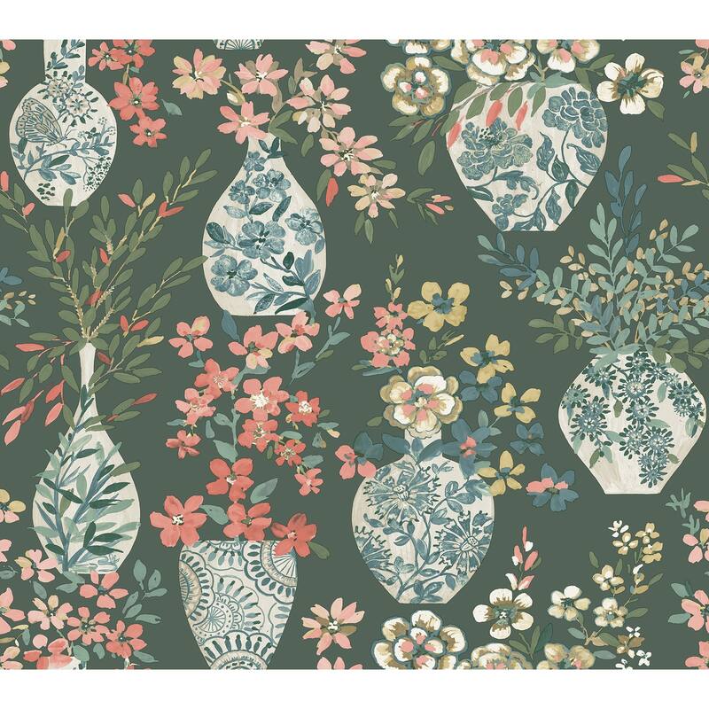 A-Street Prints Harper Green Floral Vase Wallpaper