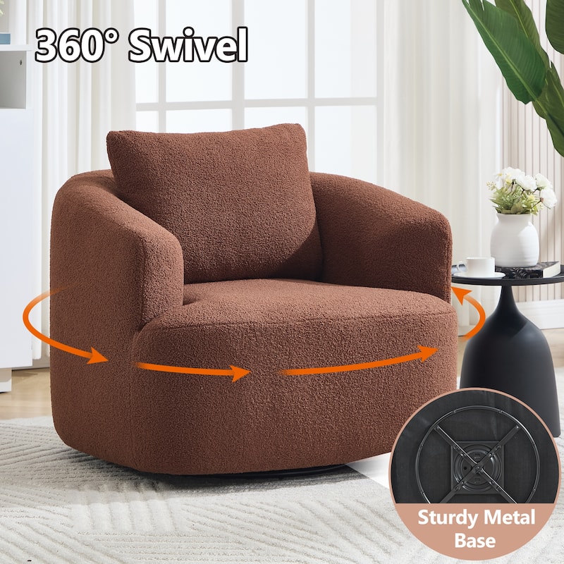 360°Swivel Round Upholstered Comfy Chair With One Soft Pillow, Teddy Fleece High-Resilience Sponge Single Sofa