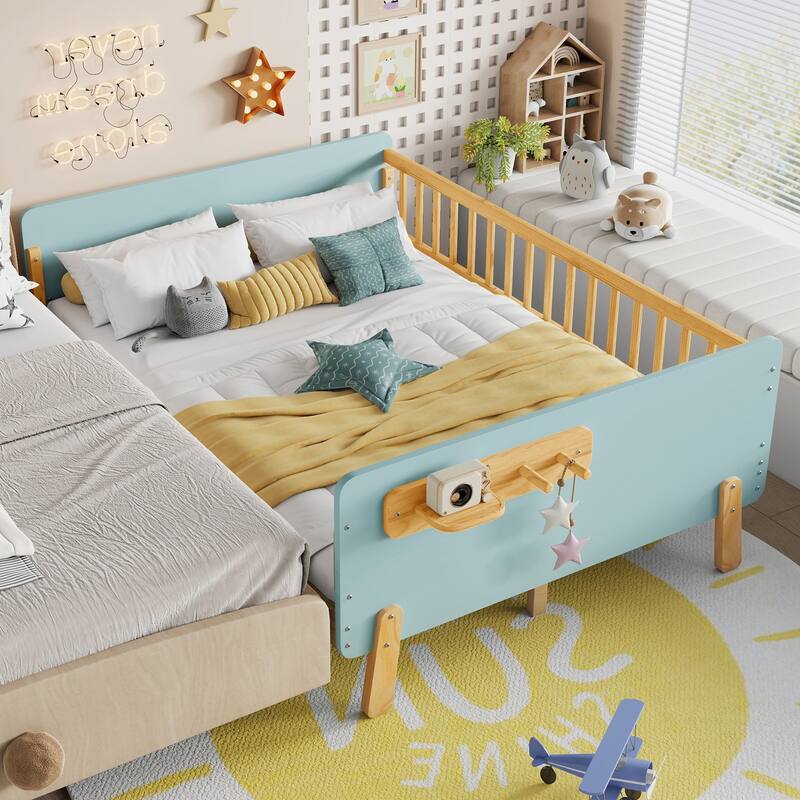 Kids Wood Platform Bed with Guardrails, Bottle Holder and 2 Hanging Rod, Convertible Toddler Daybed, Low Profile Design Frame - Blue - Full