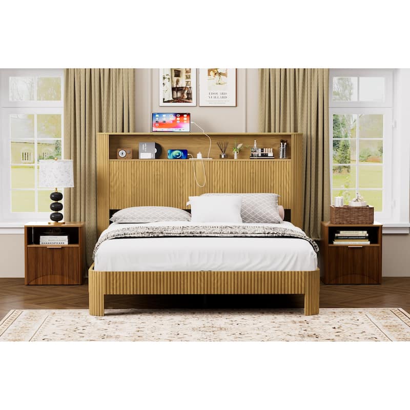 Queen Size Bed Frame With Storage Headboard, Built-In Charging Station, Wavy Curved Lines Design, Silent Operation