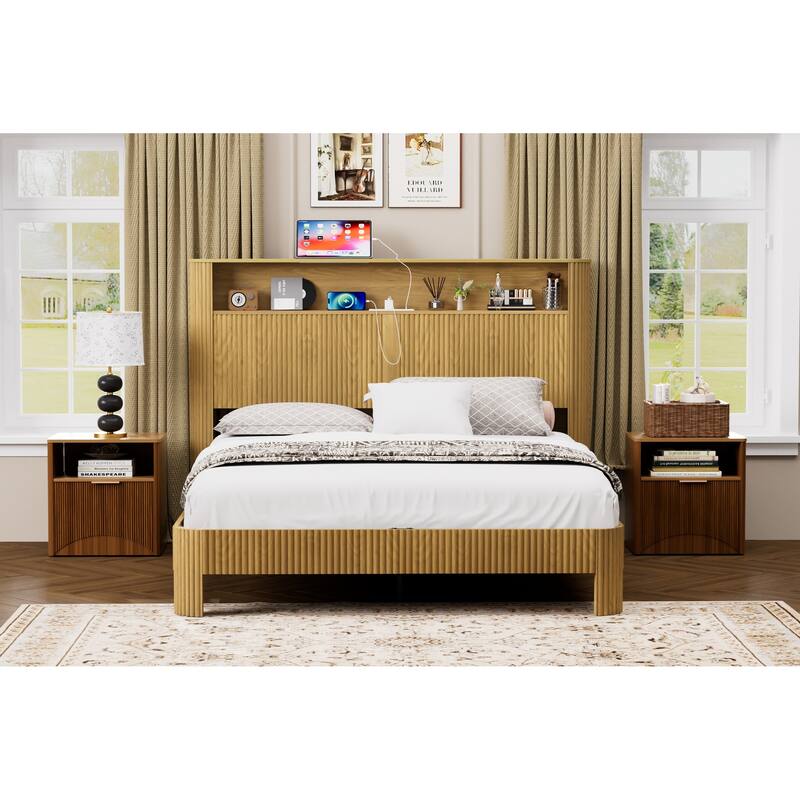 Queen Size Bed Frame with Storage Headboard, Charging Station, Wavy Design, Silent, Metal Support, Natural
