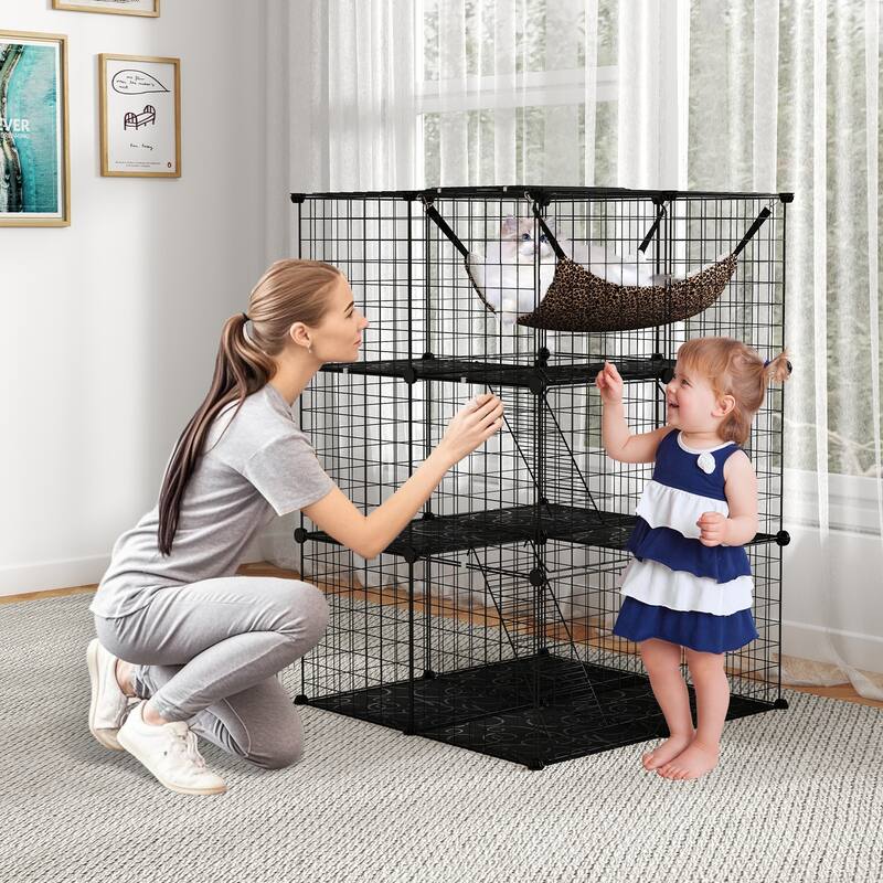 Black PP Metal 3-Tier Cat Cage with DIY Assembly, Hammock and Multi-Platform Playpen