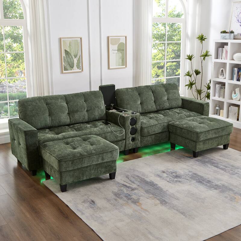 Roomfitters 126 Inch U-Shaped Modular Sectional Sofa with Storage Ottomans and Bluetooth Console