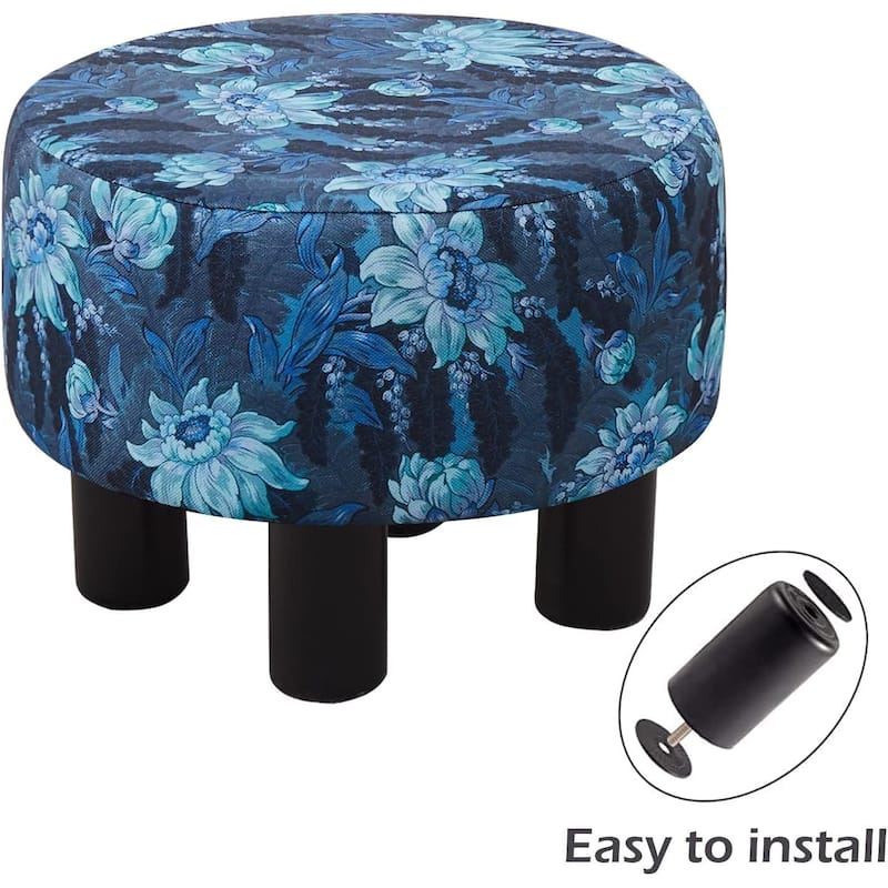 Modern Small Round Linen Ottoman Footstool with Wooden Legs for Bedroom or Living Room