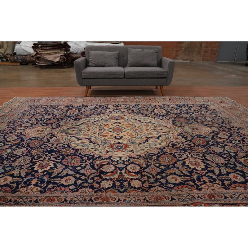 Hand Knotted Oriental 100% Wool Carpet Traditional Floral Navy Blue & Blues Tabriz Area Rug - 11' 10'' X 9' 4''