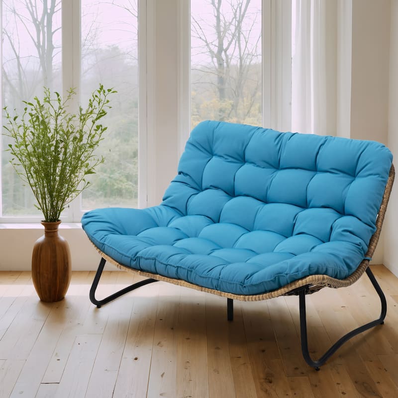 Double Papasan PE Rattan Chair Loveseat with Cushion For Indoor Outdoor - Blue