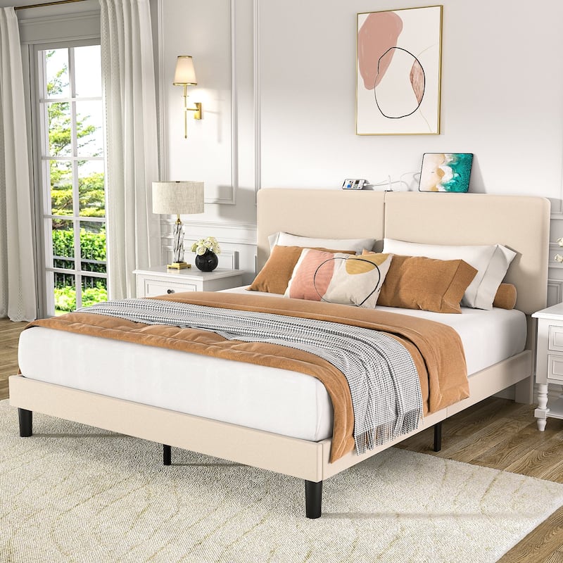 VECELO Adjustable Upholstered Split Headboard Bed Frame with Charging Station USB Port Type C No Box Spring Needed Noiseless Bed - Beige - Full