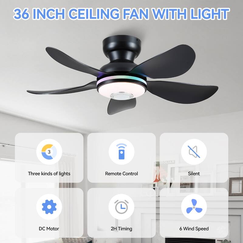 Kviflon 36/46 inches RGB Flush Mount Ceiling Fan with Light and Remote and Speaker