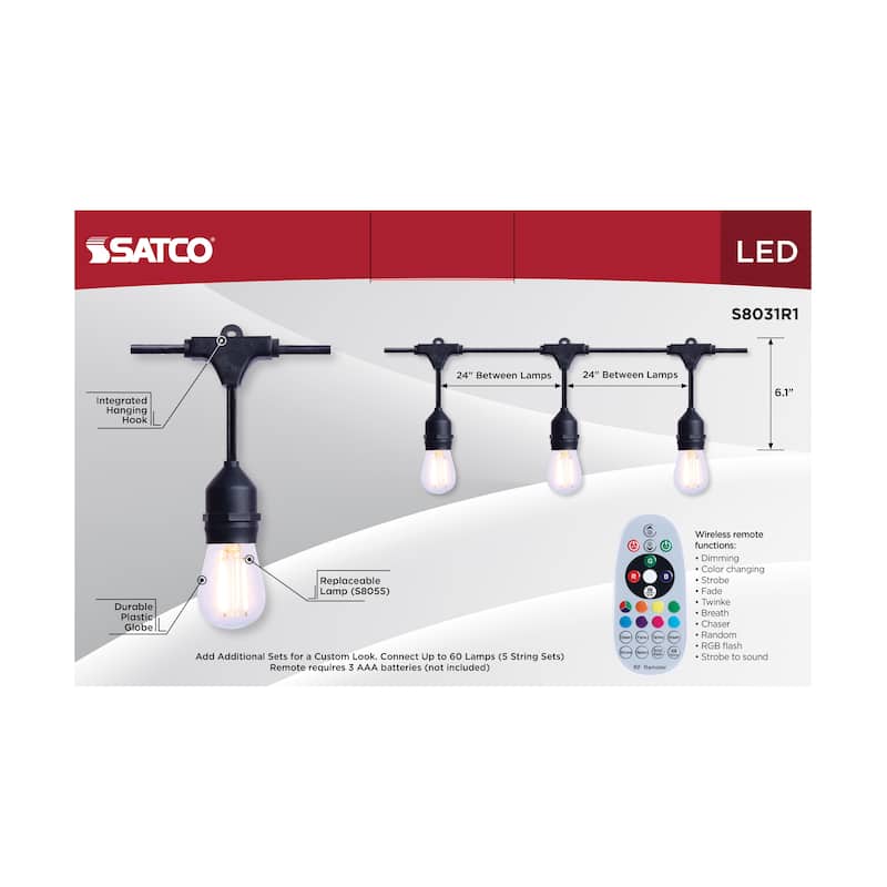 24 Foot LED String Light 12-S14 Lamps E26 RGBTW Infrared Remote Black 120V