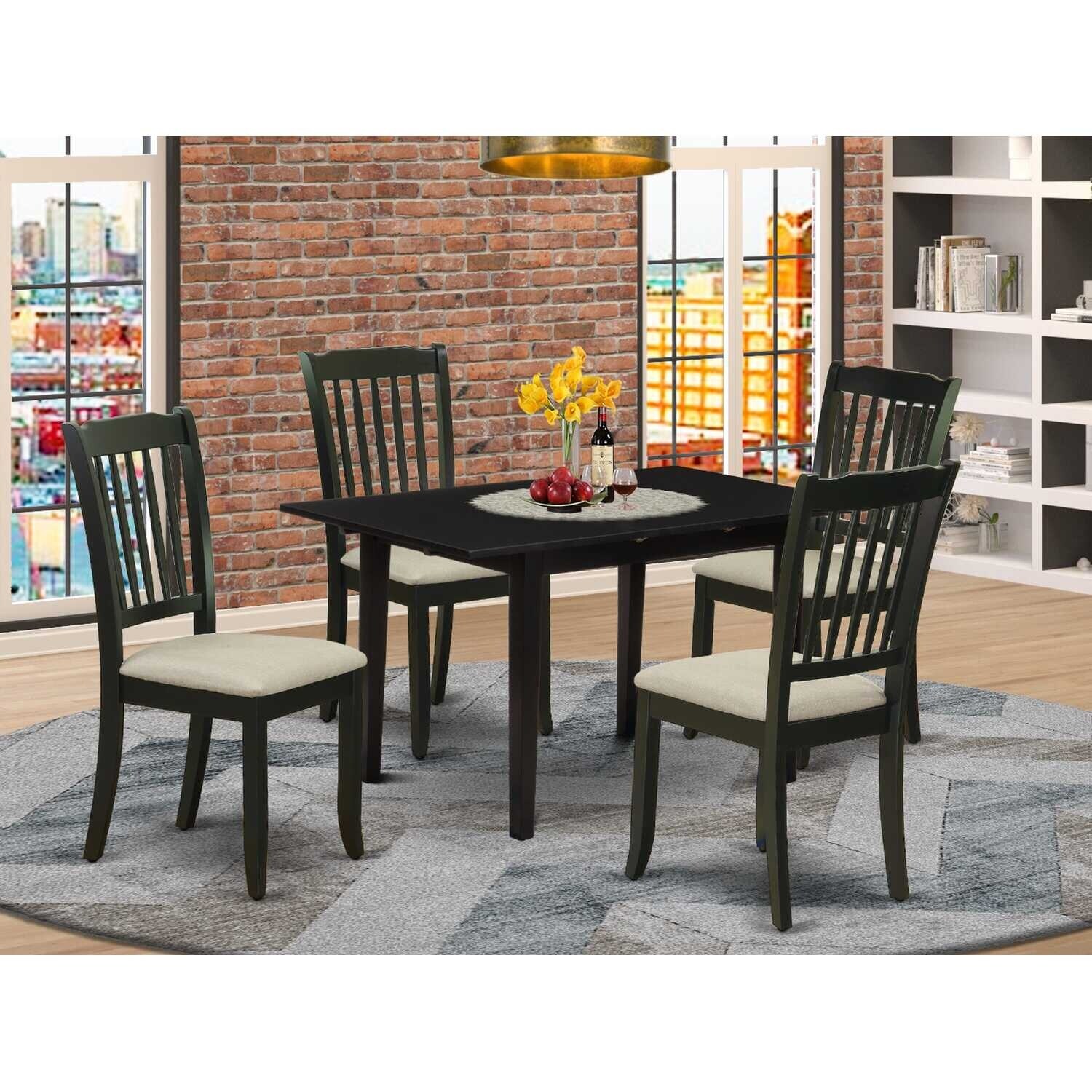 HomeStock 5-Pc Black Finish Solid Wood Top - Rectangular Dining Room Set with Butterfly Leaf - Seats 4