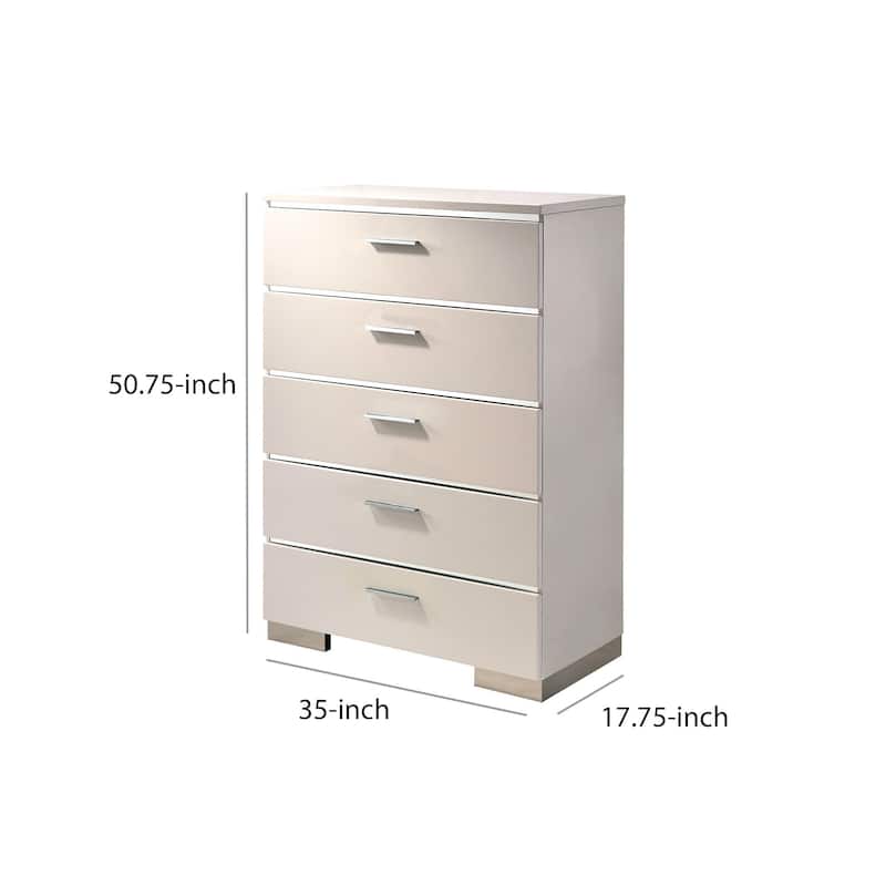 Wood and Metal Chest with 5 Drawers and Block Legs, White and Silver