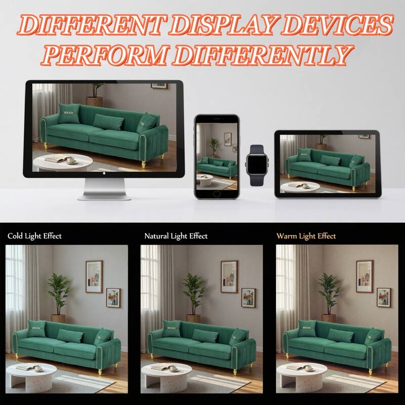 Roomfitters 87.4 Inch 3 Seater Elegant Modern Upholstered Sofa with Gold Metal Trim, Vertical Channel Tufted Back