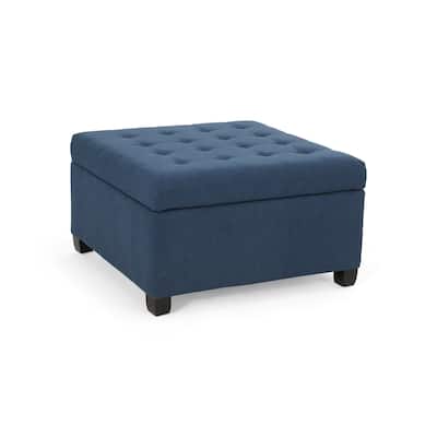 Cindy Ottoman, 31 Inch Square w Storage, Birch Wood, Blue Polyester