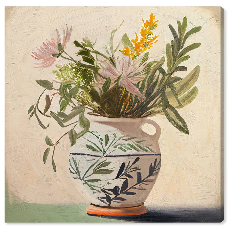 Wynwood Studio Canvas Floral and Botanical Mediterranean Olive Floral Vase Green and Vanilla Traditional Wall Art Canvas Print