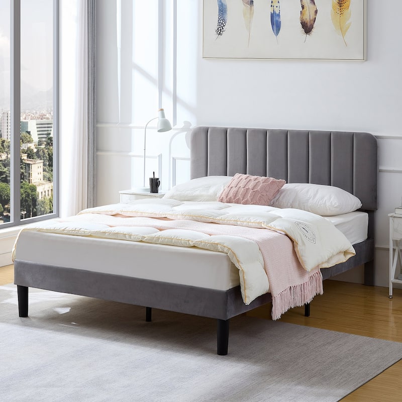Javlergo Upholstered Adjustable Headboard Velvet Platform Bed Quiet Heavy-Duty Bed Frame No Box Spring Needed