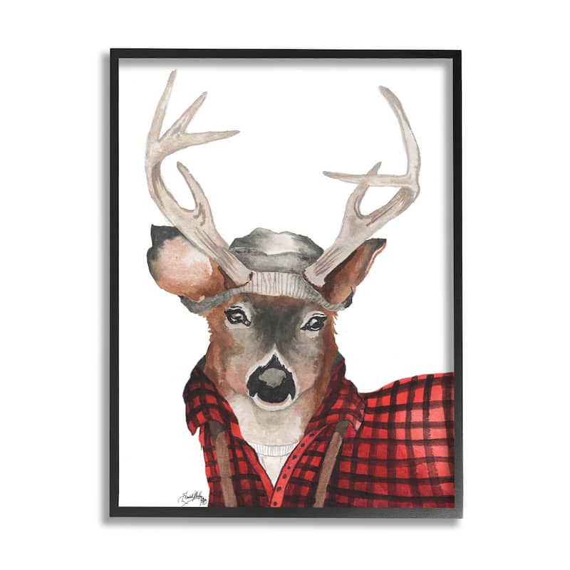 Stupell Lumberjack Buck Deer with Beanie Red Plaid Framed Wall Art