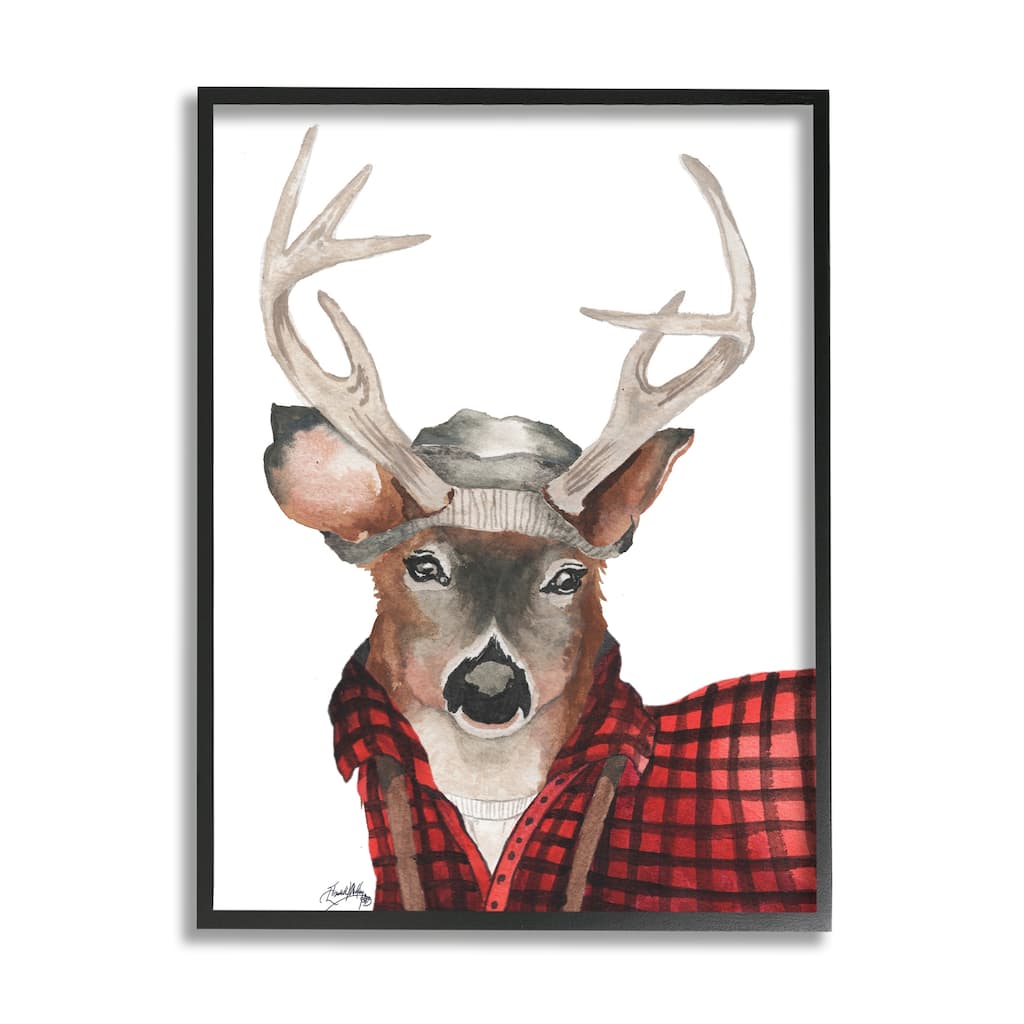 Stupell Lumberjack Buck Deer with Beanie Red Plaid Framed Wall Art