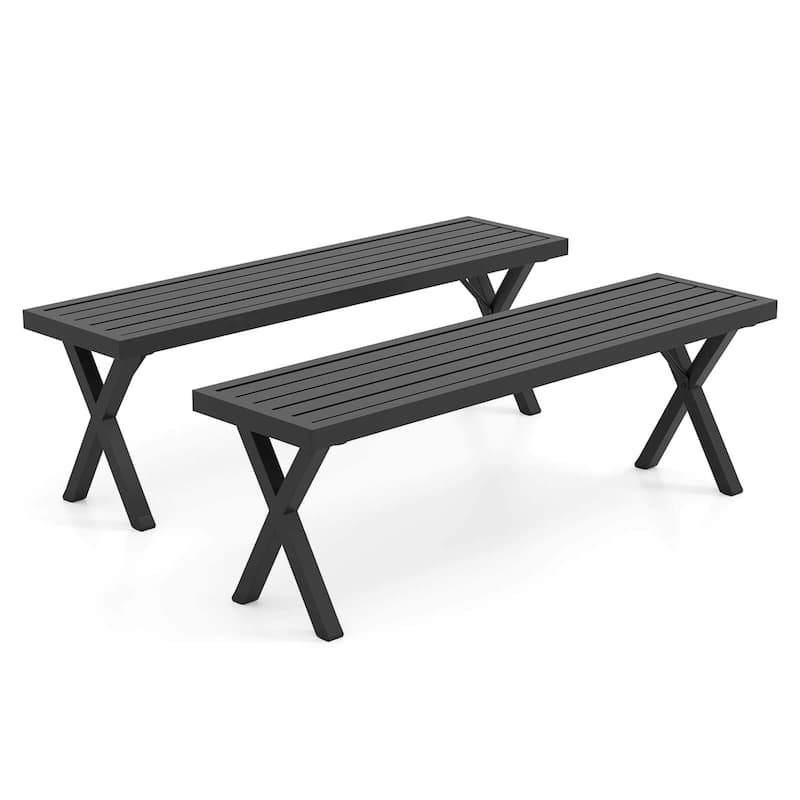 Costway 1/2 PCS 54" Patio Metal Bench with Slatted Seat & X Legs - 2 PCS