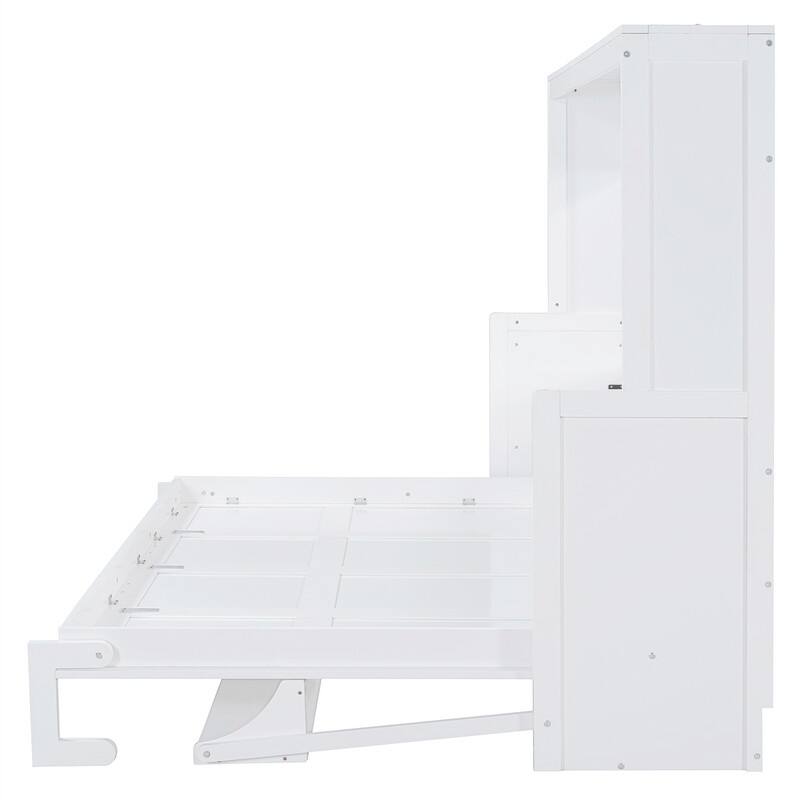Full/Queen Size Wooden Murphy Bed with Desk, Foldable Murphy Bed Cabinet w/ Hydraulic Lift Design, Space Saving Murphy Chest Bed