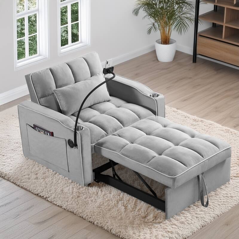 Grey Modern 35.83" 3 in 1 Velvet Single Convertible Sofa Bed with Adjustable Back and USB Charging Port for Living Room - Grey