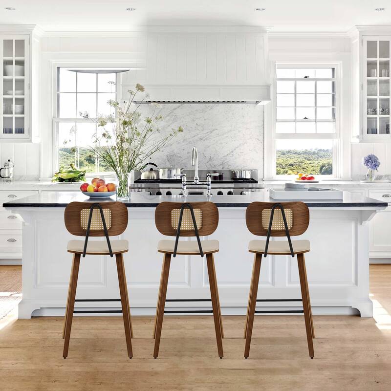 26-inch Wood Counter Height Bar Stools with Rattan Back