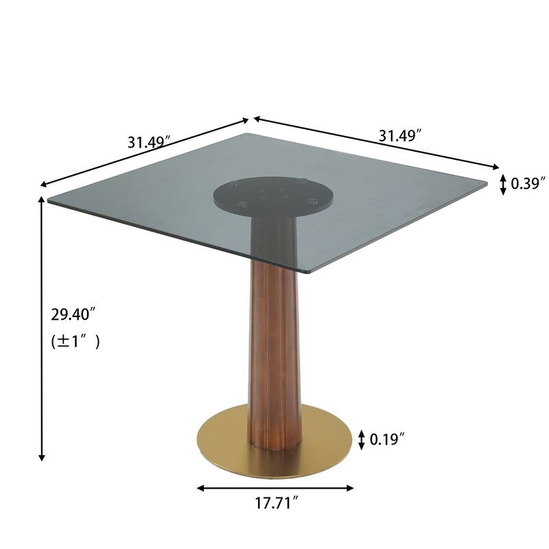 Modern Square Dining Table, 33.5" Tempered Glass Table with Wooden Leg & Gold Base, 2 - Person Kitchen Table for Small Space