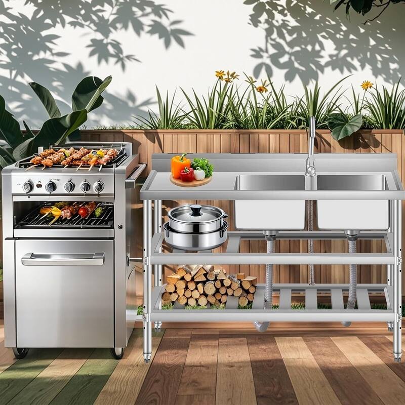 47" Freestanding Double Bowl Commercial Utility Sink with Hot & Cold Water Faucet