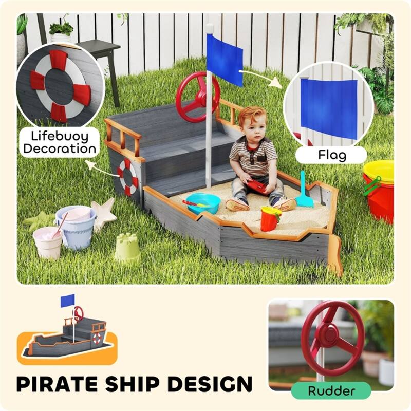 Dark Gray Pirate Ship Sandbox with Storage Bench and Fir Wood Construction for Kids Ages 3 to 6 Years