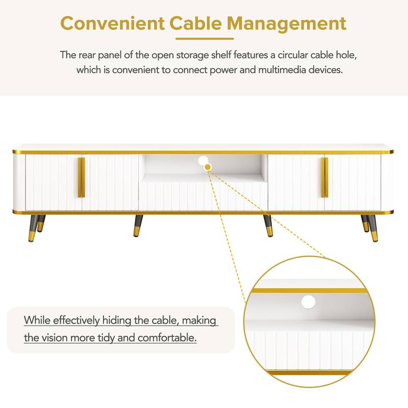 Elegant 79-Inch TV Stand with Ample Storage, Golden Elements, and Sleek Design - Ideal for Large Living Spaces.