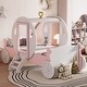 preview thumbnail 10 of 16, Twin Size Princess Bed with Crown and Wheel Decoration, Wooden Platform Carriage Bed Frame with Stair for Kids Bedroom White+Pink - Twin