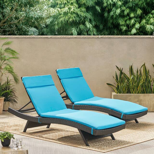 Salem Outdoor Wicker Lounge with Water Resistant Cushion (Set of 2) by Christopher Knight Home - Multibrown + Blue