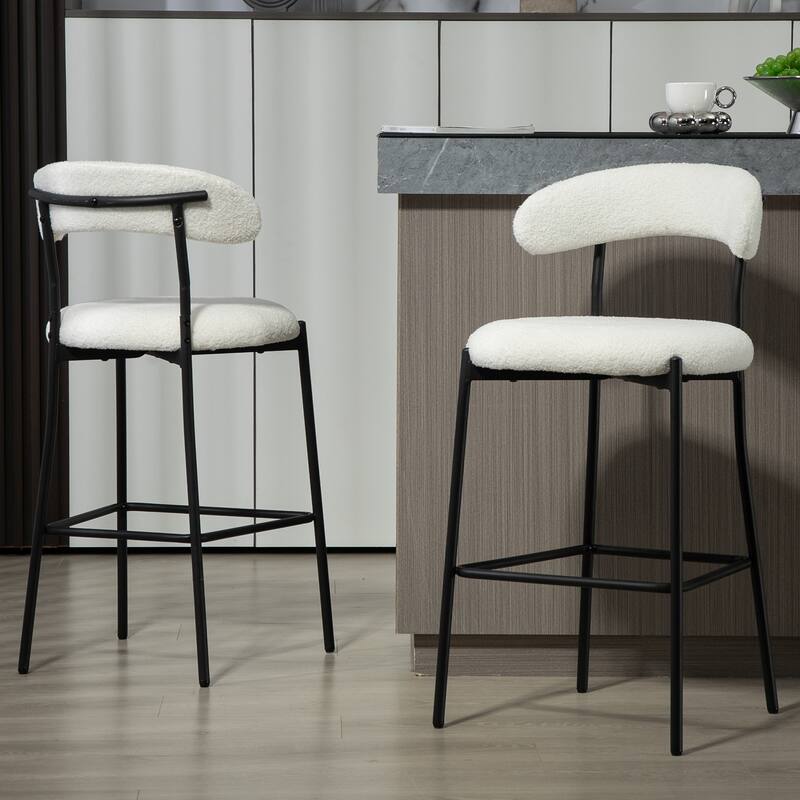 26'' Counter Height Bar Stools Teddy Fabric Cover Kitchen Island Counter Bar Stool With Black Powder Coating Base And Footrest