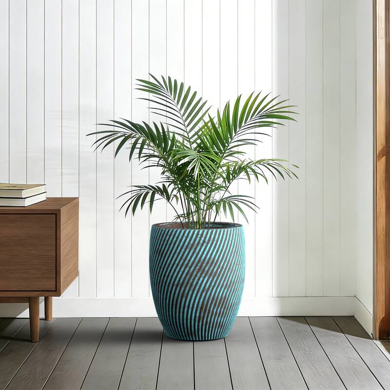 Concrete Tall Round Planter with Teal Stripes with Drainage Holes