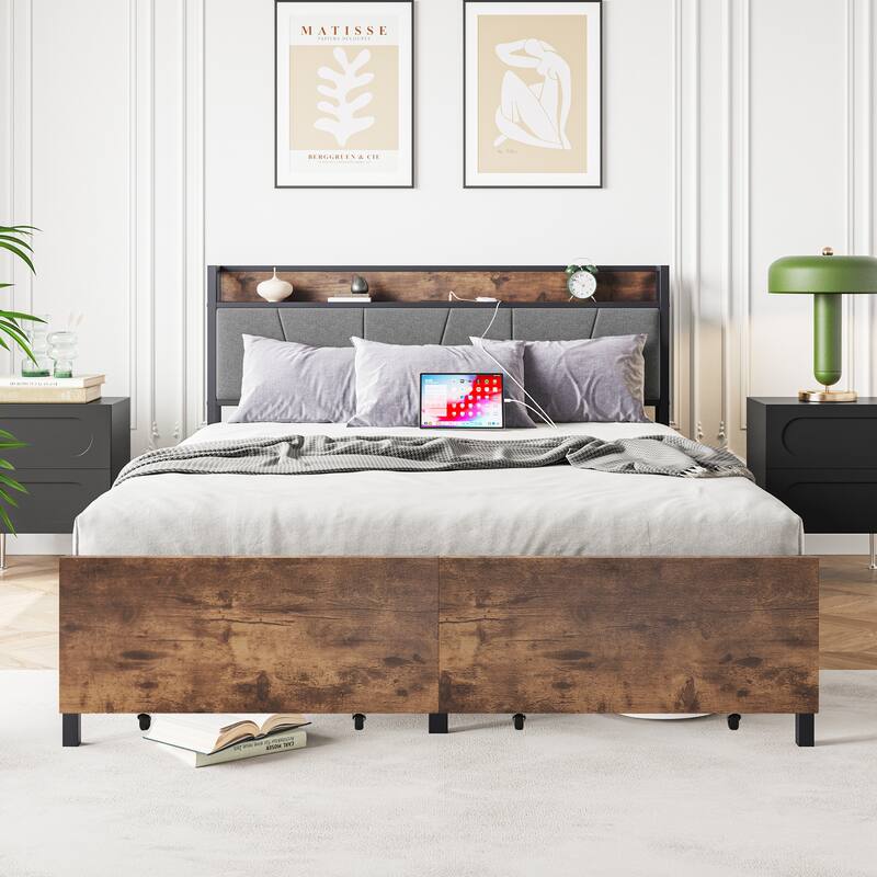 Metal & Wood & Upholstered Platform Bed Frame